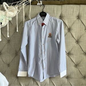 Tudors Men Size L Blue Long Sleeve Button-Down Shirt Embroidered Patch Crest